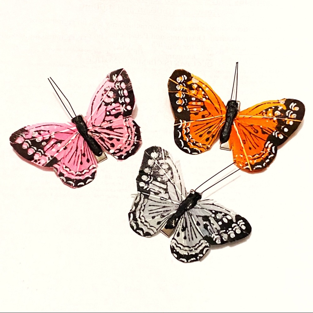 Pink orange gray black butterfly feather hair clips